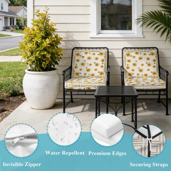 Outdoor Patio Cushion Covers 2 Pack Yellow Daisy Bee Chair Pads Slipcovers with Ties & Zipper Waterproof Sunflower Vines Frame Linen Seat Cushion Covers for Outdoor Furniture Couch Sofa 22x20 Inch