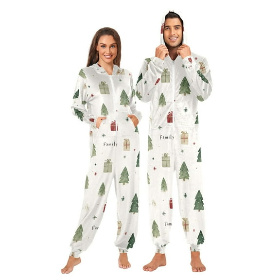 Adult Christmas Onesie Christmas Tree Family Zipper One-Piece Pajamas Unisex with Pockets