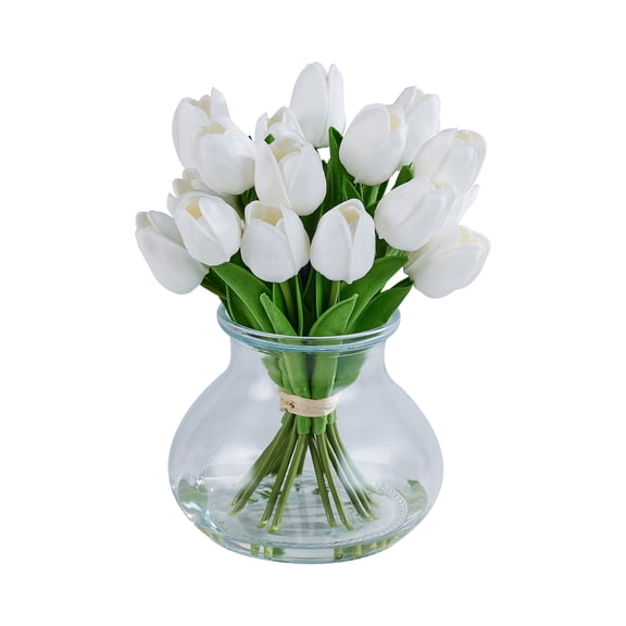 DR.Planzen Artificial White Tulip Arrangement in Glass Vase, 8 Bloom Fake Flowers with Faux Water, 10.2in Tall Home Decor Centerpiece