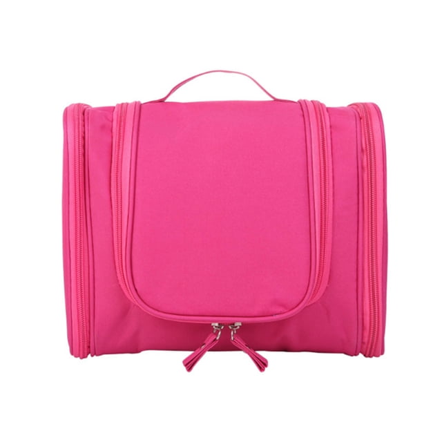 Bolsa de almacenamiento de artículos de tocador con 3 aberturas, gancho colgante impermeable, bolsa de maquillaje y cosméticos de viaje de gran capacidad, color rojo rosa