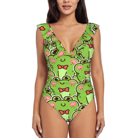 Picia Cute Green Frog Blooming Jelly Womens Tummy Control Bathing Suits Slimming Ruffle Swimsuit One Piece Lace Swimwear-
