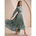 thumbnail image 4 of High-Neck Long Sleeve Pleated Ruffle Hem Maxi Dress In Mist Green, 4 of 26