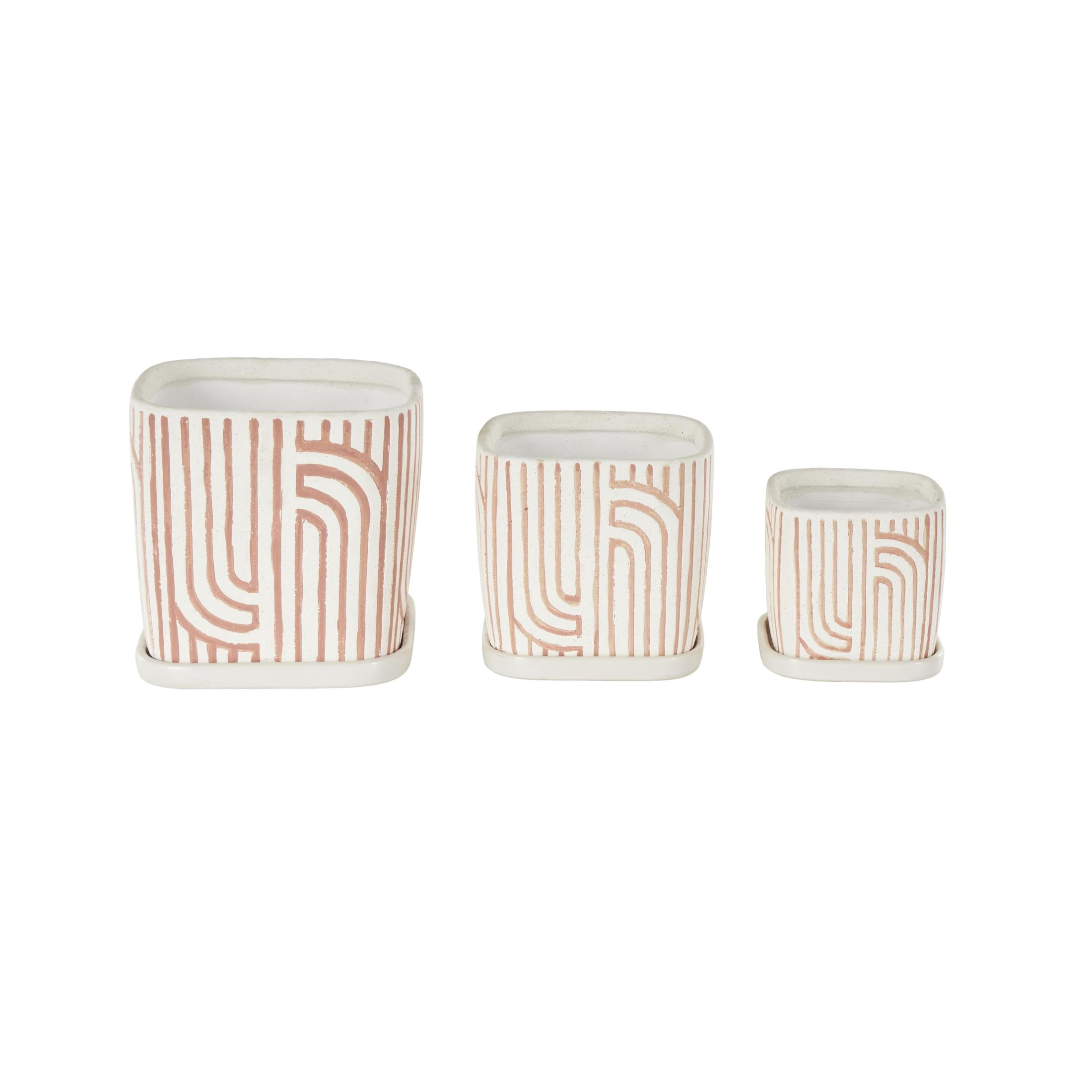 DecMode 7", 6", 5"H Arched Patterned Pink Ceramic Geometric Planter with Attached Saucer (3 Count)
