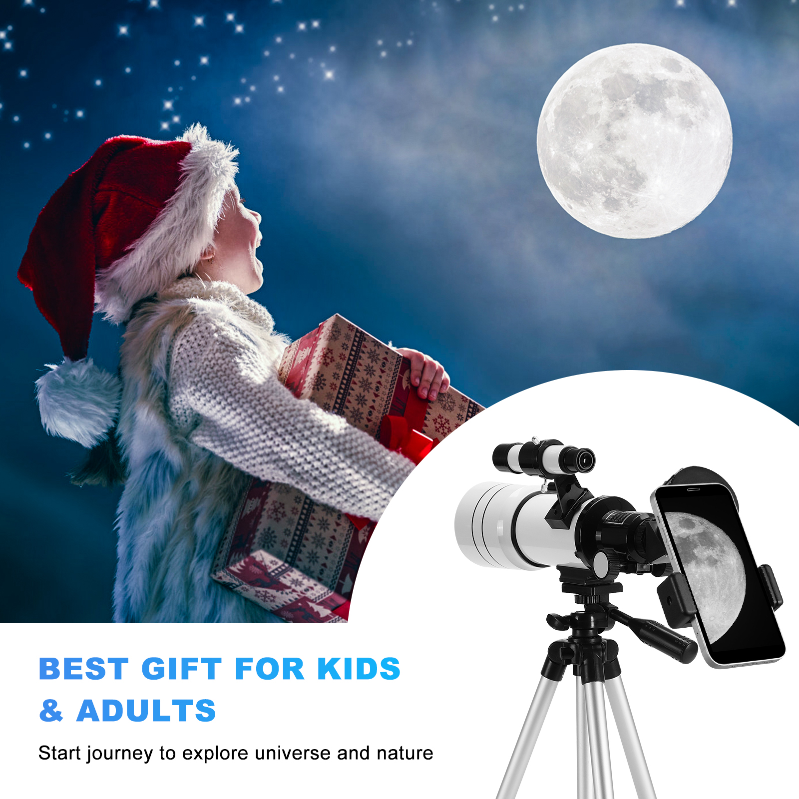 TOPVISION Telescope, 70mm Telescopes for Adults & Kids, 300mm Portable Refractor Telescope (15X-150X) with a Phone Adapter & Adjustable Tripod for Astronomy Beginners, Gift for Kids - image 4 of 10