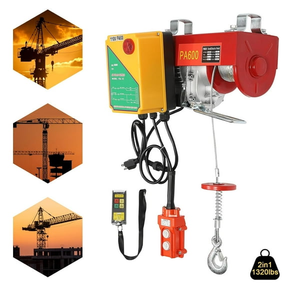 1320 lbs Lift Electric Hoist 110V Electric Winch with Zinc-Plated Steel Wire Portable Power Electric Hoist with Remote Control & Single/Double Slings Electric Hoist Lift Ceiling Winch