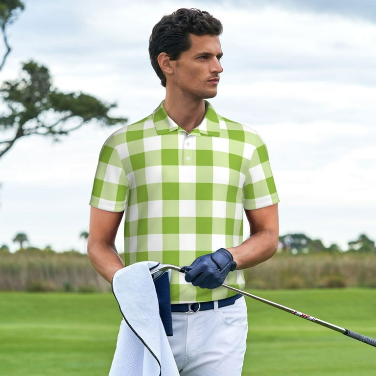 Zeuib White Green Plaid Print Men's Athletic Fit Golf Polo Shirt