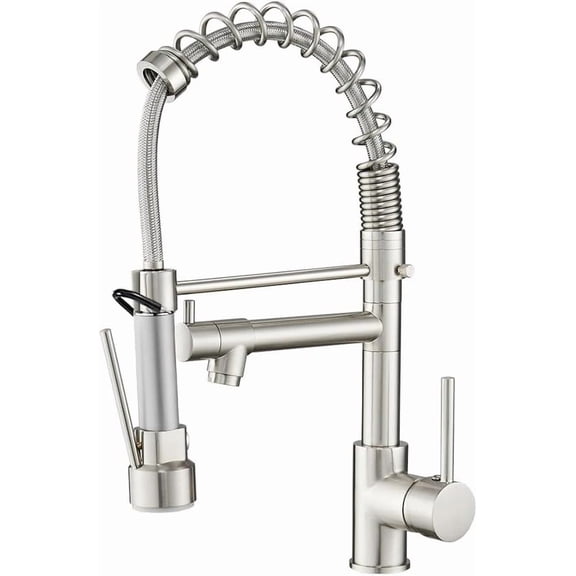 Kitchen Sink Faucet with Pull Down Sprayer, Contemporary Stainless Steel Single Handle Spring Kitchen Faucets Two Outlet with Deck Plate Brushed Nickel