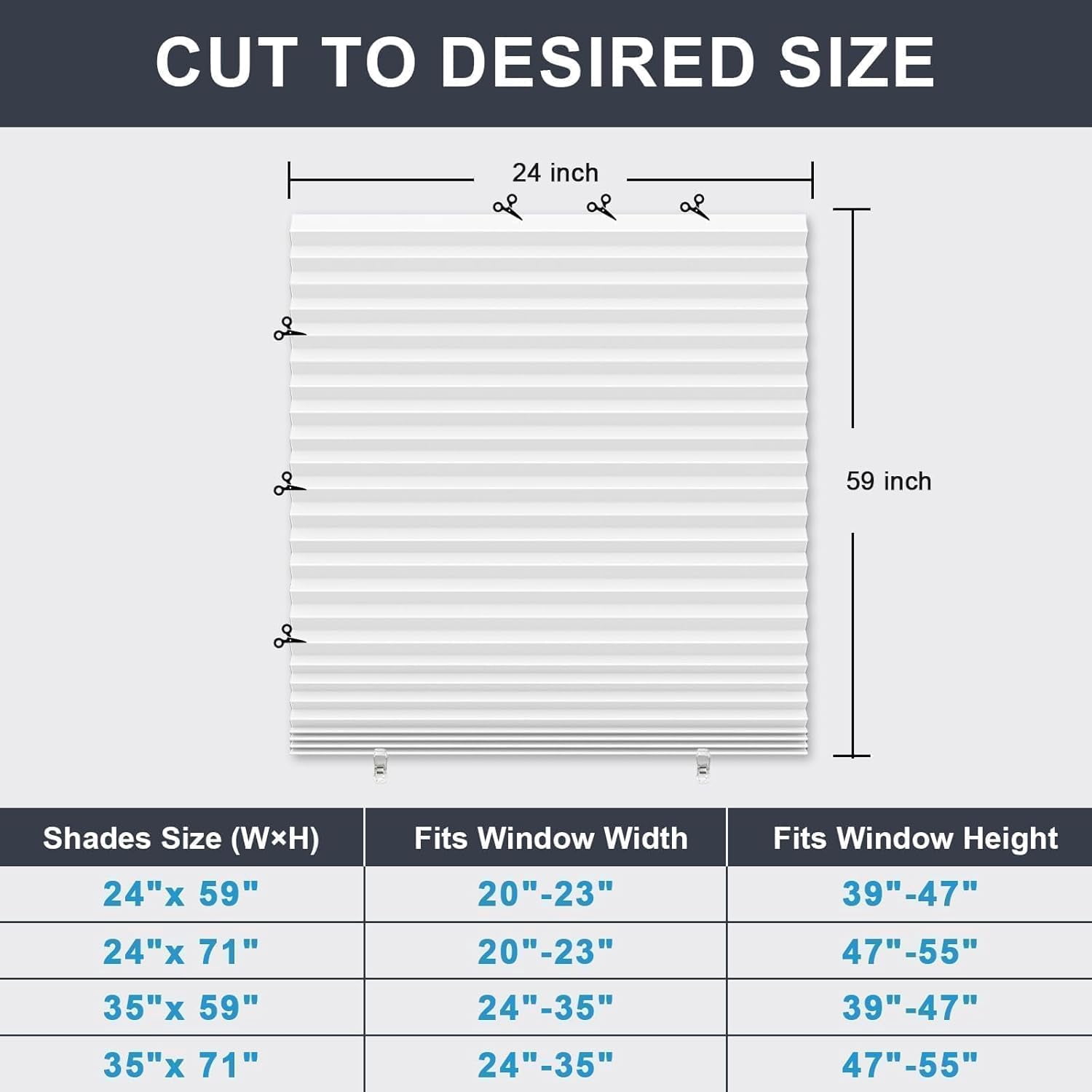 6 Pack Temporary Paper Blinds for Indoor Windows No Drill, 24" W x 59" H Light Filtering Adhesive Pleated Shades for Windows Cordless with 12 Clips, Room Darking Shades for Bedroom, White