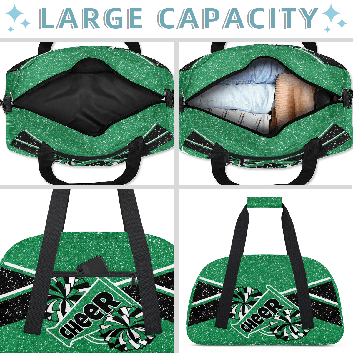 Herdesigns Cheer Bag Sports Duffle Bags Cheerleader Green Gym Bag Weekender Travel Bag Waterproof Overnight Bag Carry On Travel Tote Bag Dance Bags