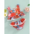 thumbnail image 3 of Toddler Girls Summer Bikini Set, Floral Print Sleeveless Crew Neck A-Line Tank Tops + Ruffle Triangle Shorts Swimsuit, 3 of 8