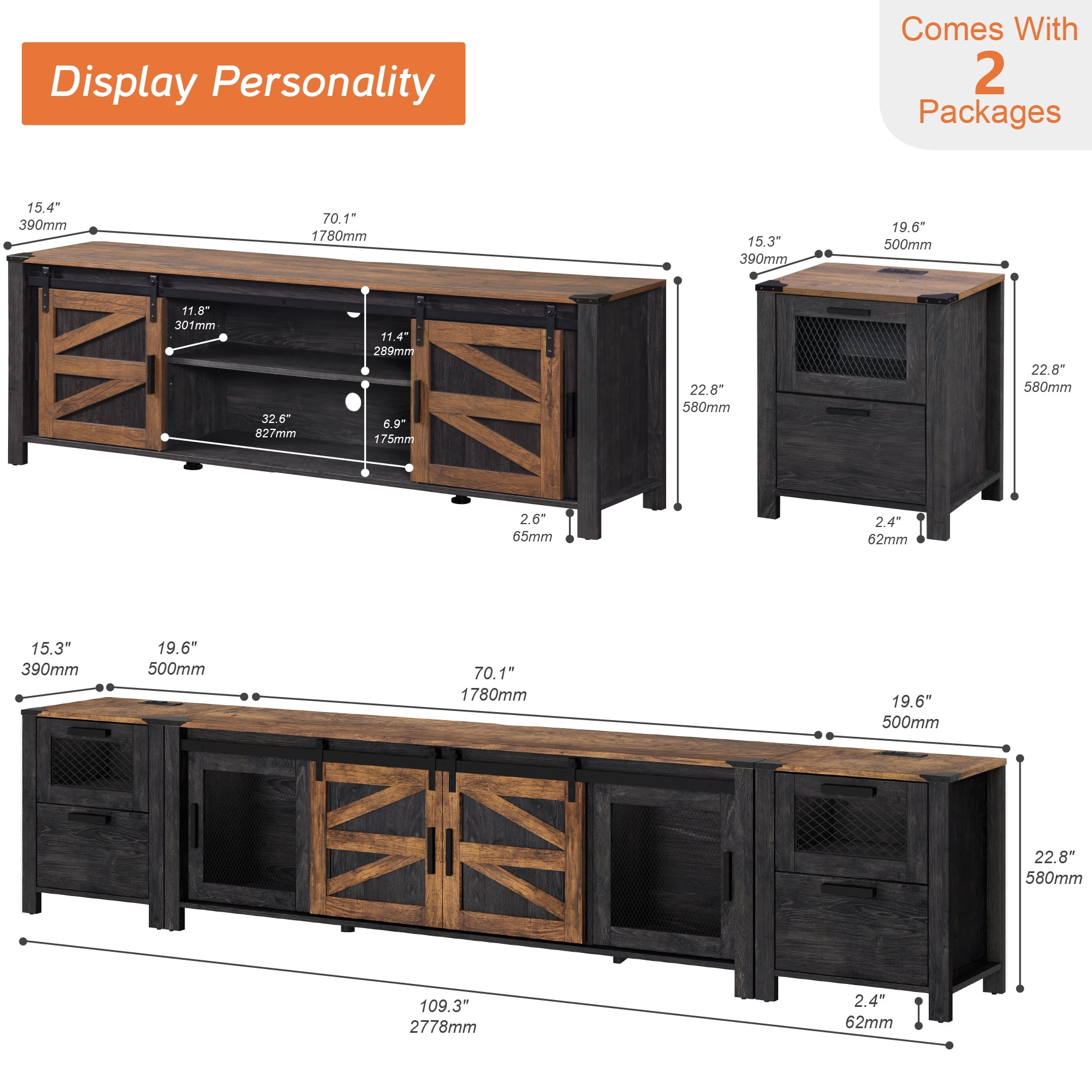 Wampat Farmhouse TV Stand for TVs up to 85 Inches with Charging Station, Drawers, Sliding Barn Door, Storage Shelf, Dark Walnut and Black Finish