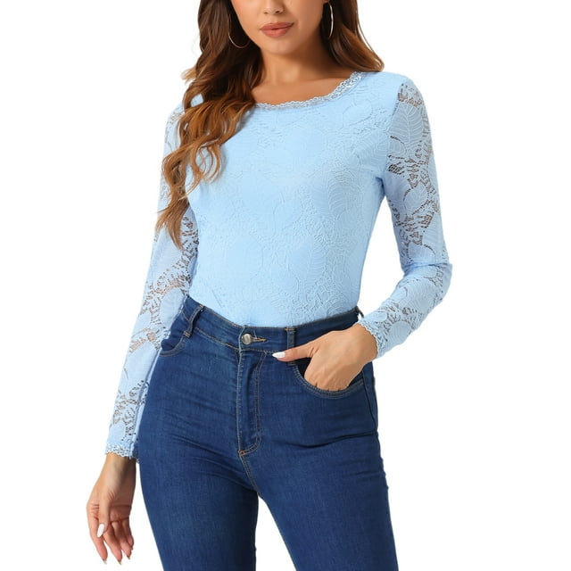 Blusa de encaje con bordado de flores de manga larga y cuello redondo para mujer INSPIRE CHIC 3XL azul claro