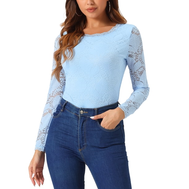 Blusa de encaje con bordado de flores de manga larga y cuello redondo para mujer INSPIRE CHIC 3XL azul claro