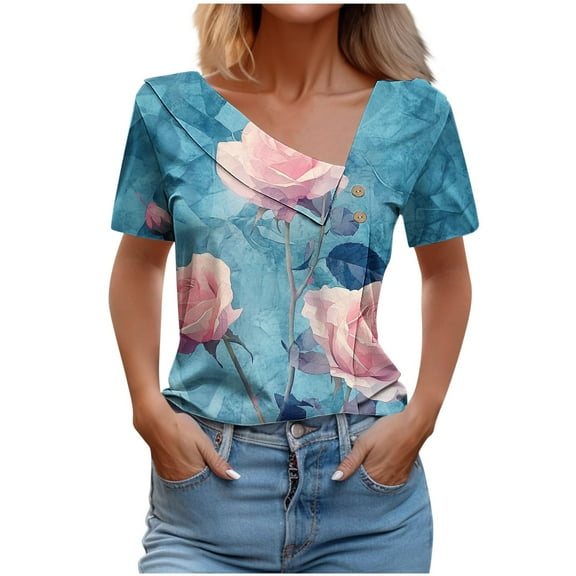 GA WEIHUA Womens Floral Print T Shirts Casual V Neck Shirts Loose Short Sleeve Tops 2025 Summer Fashion Blouses(Navy,L)Online Deals