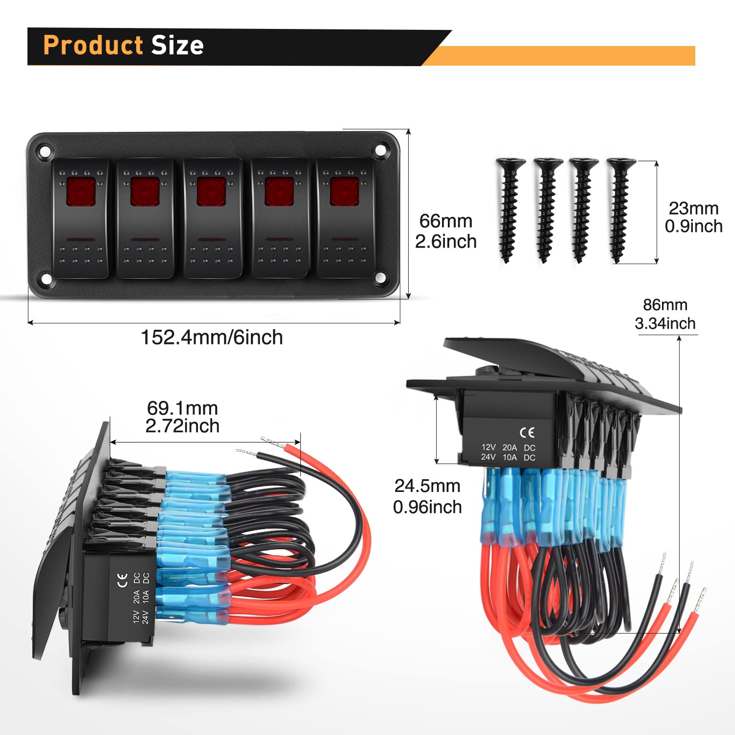 Waywe 5 Gang Rocker Switch Panel 5Pin On Off Toggle Switch Aluminum Holder 12V 24V Dash Pre-Wired Red Backlit Switches for Automotive Cars Marine Boats RVs Truck