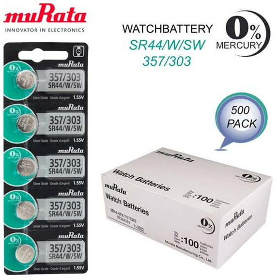 500 Murata 357/303 (SR44/W/SW) 0%Hg Silver Oxide Batteries (100 Pack of 5)