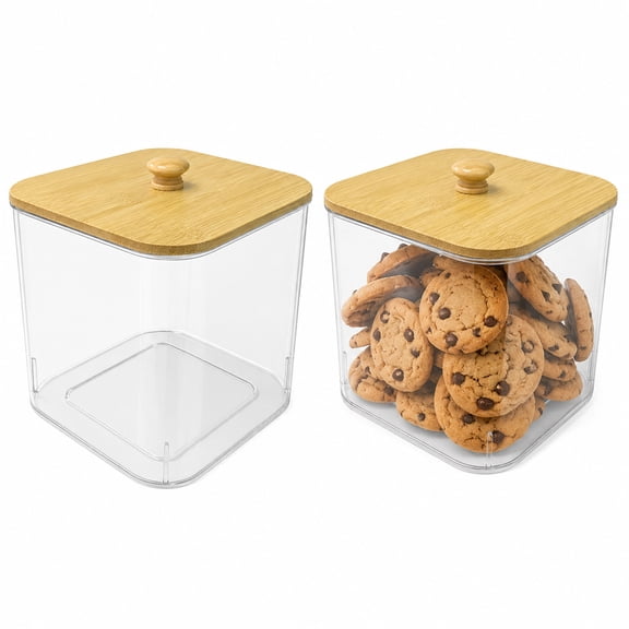 2 Pack Cookie Jar, 6.1 x 6.1 x 7.1 in Airtight Biscuit Jar with Wood Lid and Handle, Clear PET Plastic Biscuit Tin, Food Storage Container for Snacks Candy Flour Pasta Oats Sweets & Dry Food