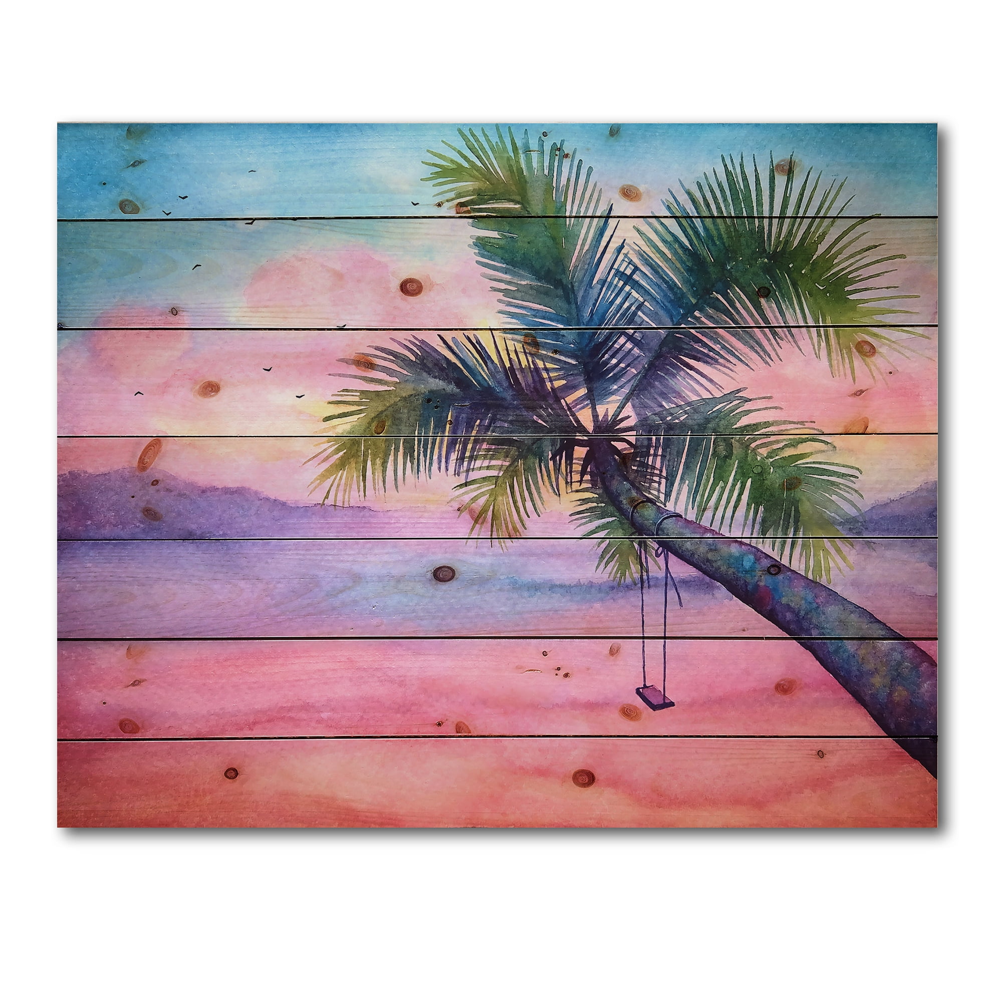 Designart 'Vivid Sunset Landscape With Swing and Palm' Nautical & Coastal Print on Natural Pine Wood