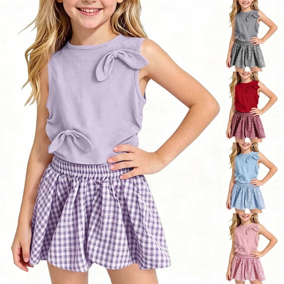 SGFCWSX Girls 2 Piece Outfits Sleeveless Bow Knot Tank Tops Plaid Skort Summer Casual Clothes Set Purple Size 5T