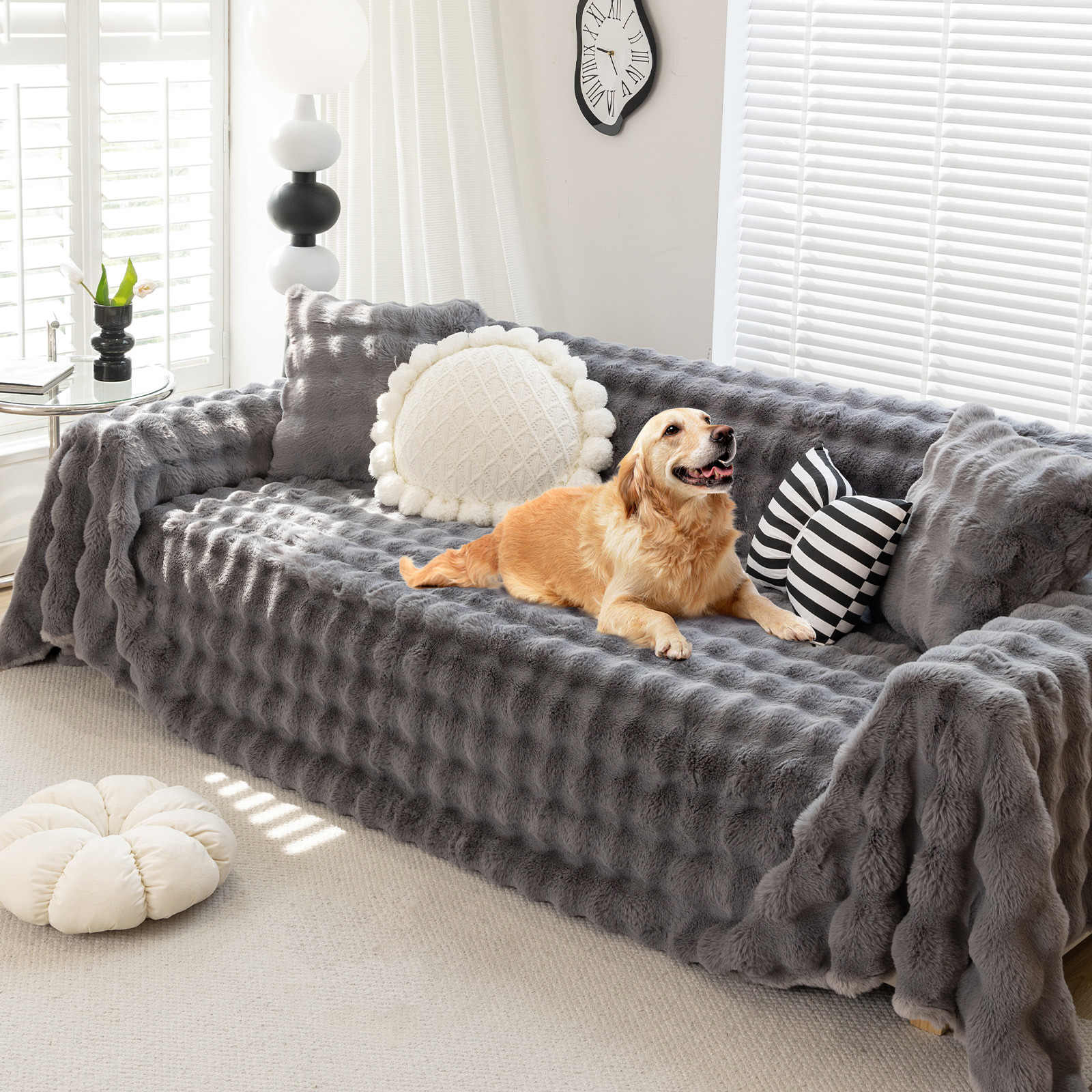 WOOW DEPOT Warm Faux Rabbit Fur Sofa Cover Machine Washable, Thick Throw Blanket L Shape Slipcover for 3 Cushion Couch, Dark Gray 71"x134"