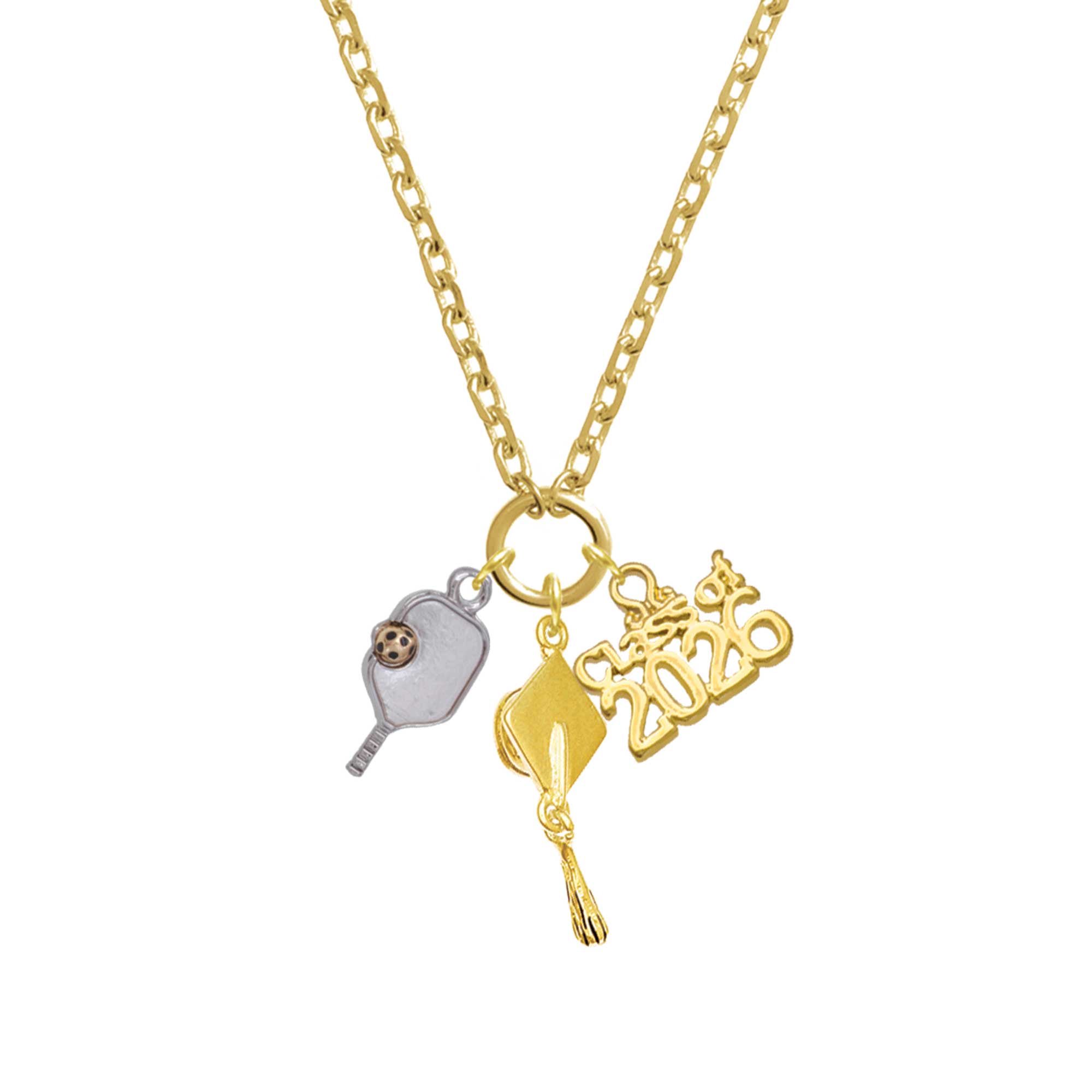 Delight Jewelry Two Tone Pickleball Paddle Charm on Gold-tone Class of 2026 Graduation Zoey Necklace, 28"