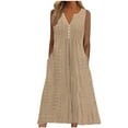 thumbnail image 2 of Meichang Womens Eyelet Dresses V Neck Button Sleeveless Dresses Solid Color Loose Fit Flowy Midi Dresses Summer Casual Dresses with Pockets Khaki XXL, 2 of 5
