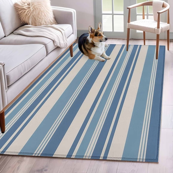 Blue Striped Area Rug 3x5 Washable Rug Non Slip Farmhouse Vintage Stripe Large Area Rug Indoor Floor Carpet for Entryway Bedroom Kitchen Living Room Home Office Dining Room Nursery