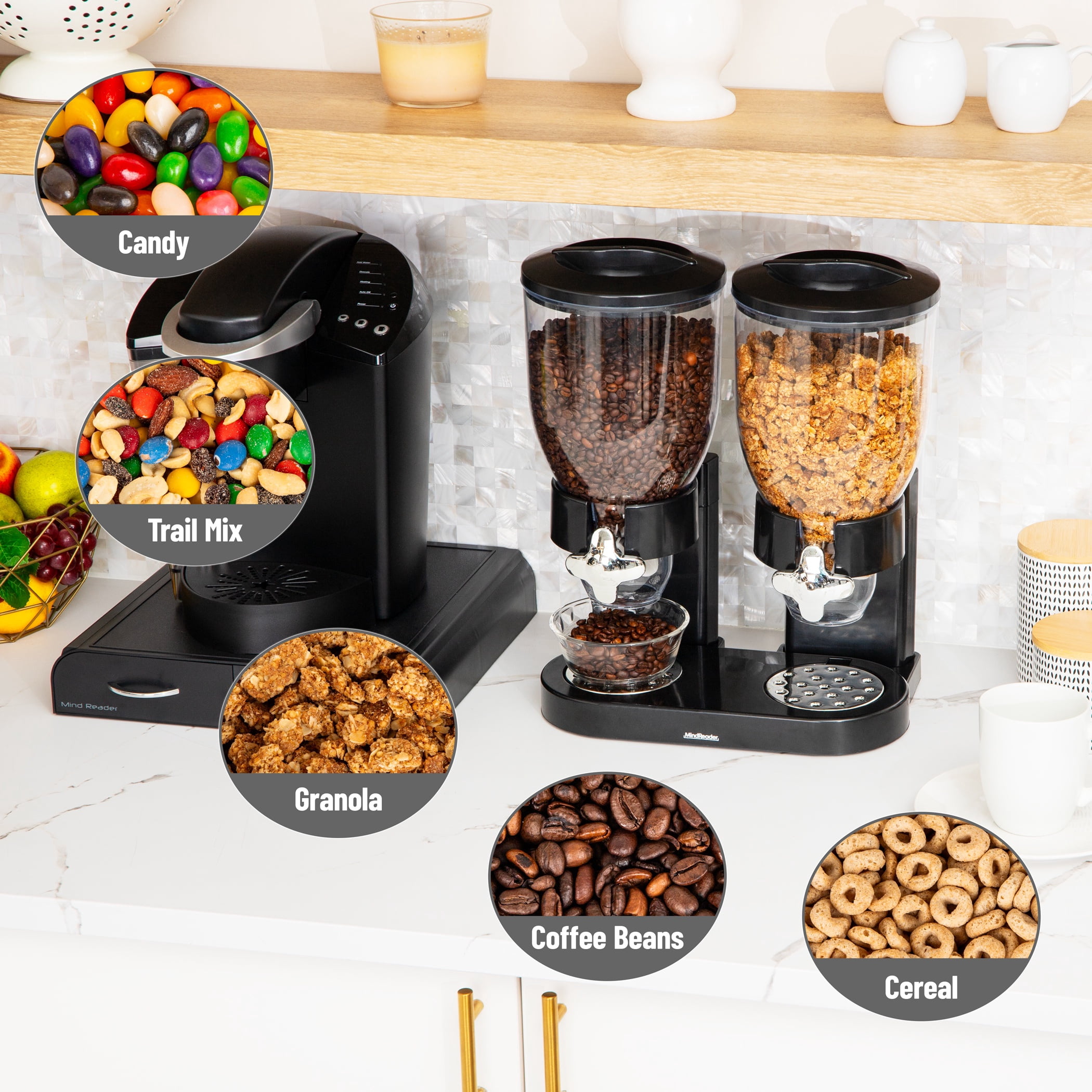 Mind Reader Double Dry Food Dispenser, 2 x 3.5L Countertop Containers for Cereal, Granola, Candy, Rice, and Coffee Beans, Black