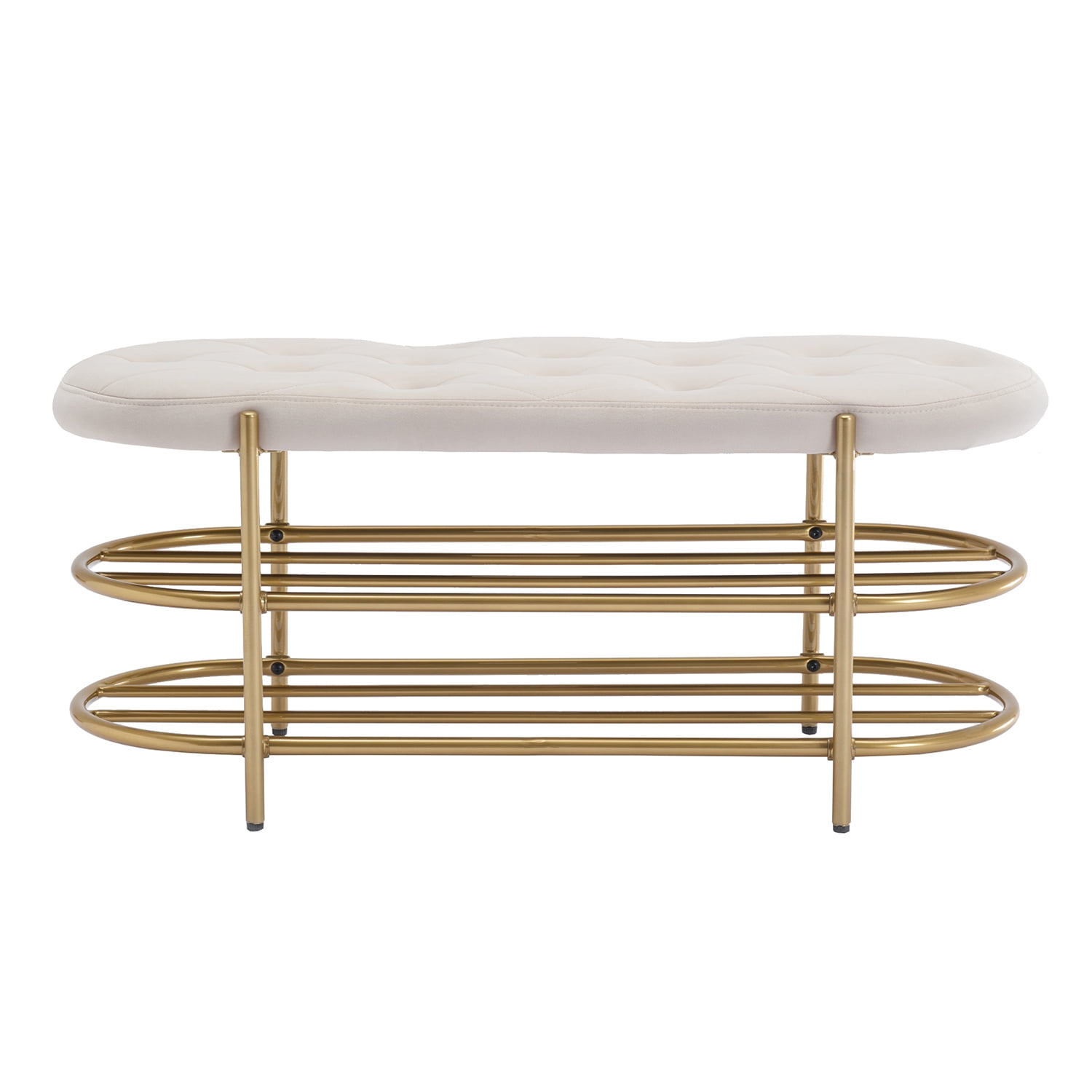 Kepooman Beige Beach, Upholstered End of Bed Bench with 2 Shelf, Velvet Storage Beach for Living Room Kepooman Beige Beach, Upholstered End of Bed Bench with 2 Shelf, Velvet Storage Beach for Living Room
