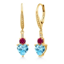 Gem Stone King 18K Yellow Gold Plated Silver Swiss Blue Topaz Red Created Ruby and White Lab Grown Diamond Drop Dangle Earrings for Women (3.53 Cttw, Heart Shape 7MM, Round 4MM)