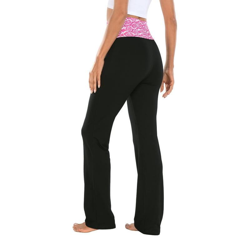 HDE Women's Color Block Fold Over Waist Yoga Pants Flare Leg Workout  Leggings Pink Heart Tie Dye / Black 2X 