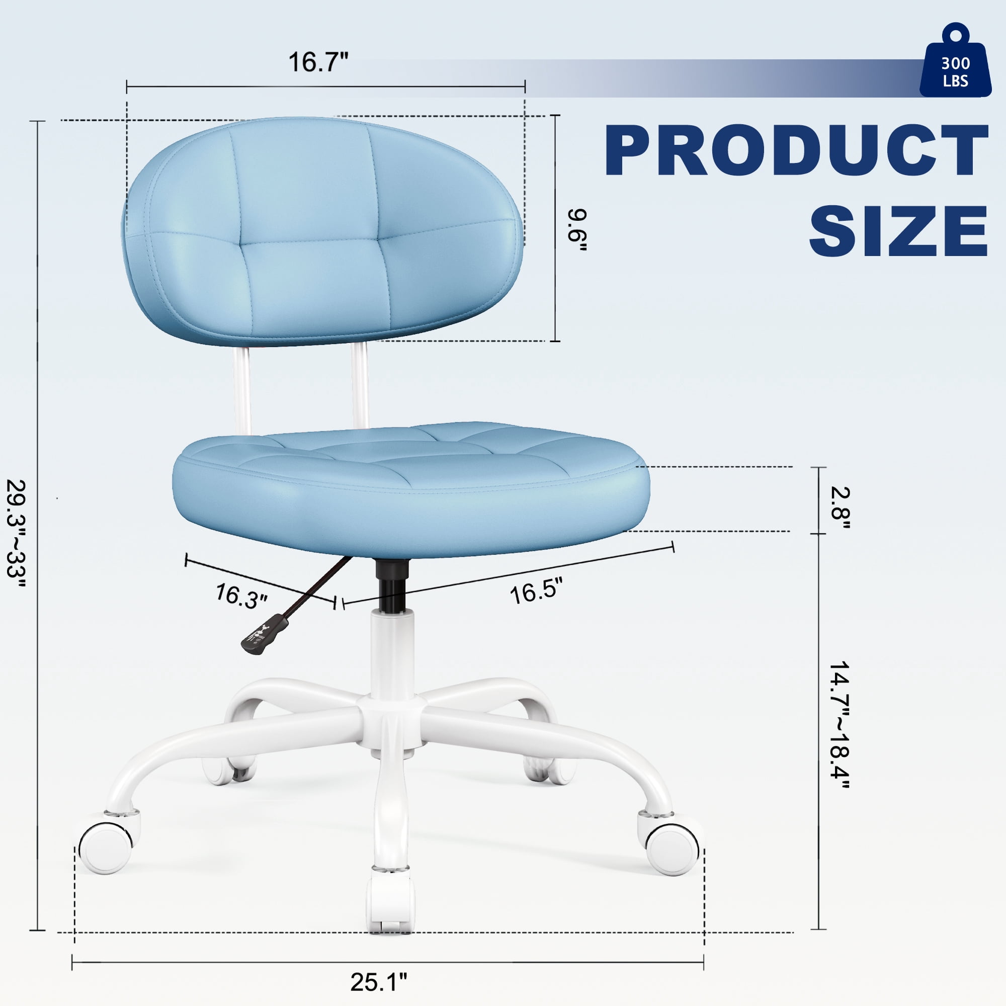 Misolant Vanity Chair with back, Small Armless Cute office Chair with wheels and Lumbar support, Comfy PU Leather Desk Computer Chairs with Adjustable Height, 360°Swivel for Home Bedroom Office