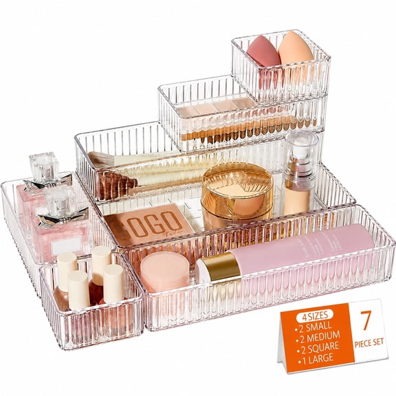 Makeup Drawer Organizer, Clear PET Stackable Storage Trays, 4-Size 7 PCS Organizer Bins for Vanity, Bathroom, Office & Kitchen