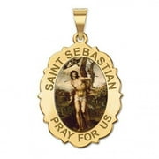 Saint Sebastian - Scalloped Oval Religious Medal Color 2/3 x 3/4 inch Size of Nickel, Solid 14K Yellow Gold