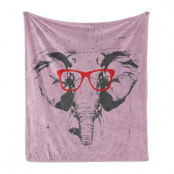 Hipster Soft Flannel Fleece Throw Blanket, Grunge Funny Portrait of an with Funny Glasses, Cozy Plush for Indoor and Outdoor Use, 50" x 70", Pale Rose Charcoal Grey, by Ambesonne