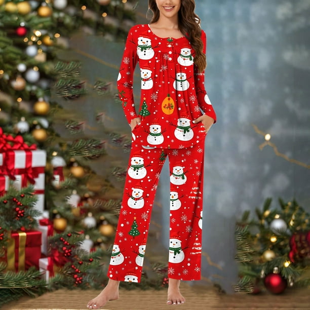 Puntoco Conjunto de pijama con pantalones largos y cuello en V con estampado navideño para mujer