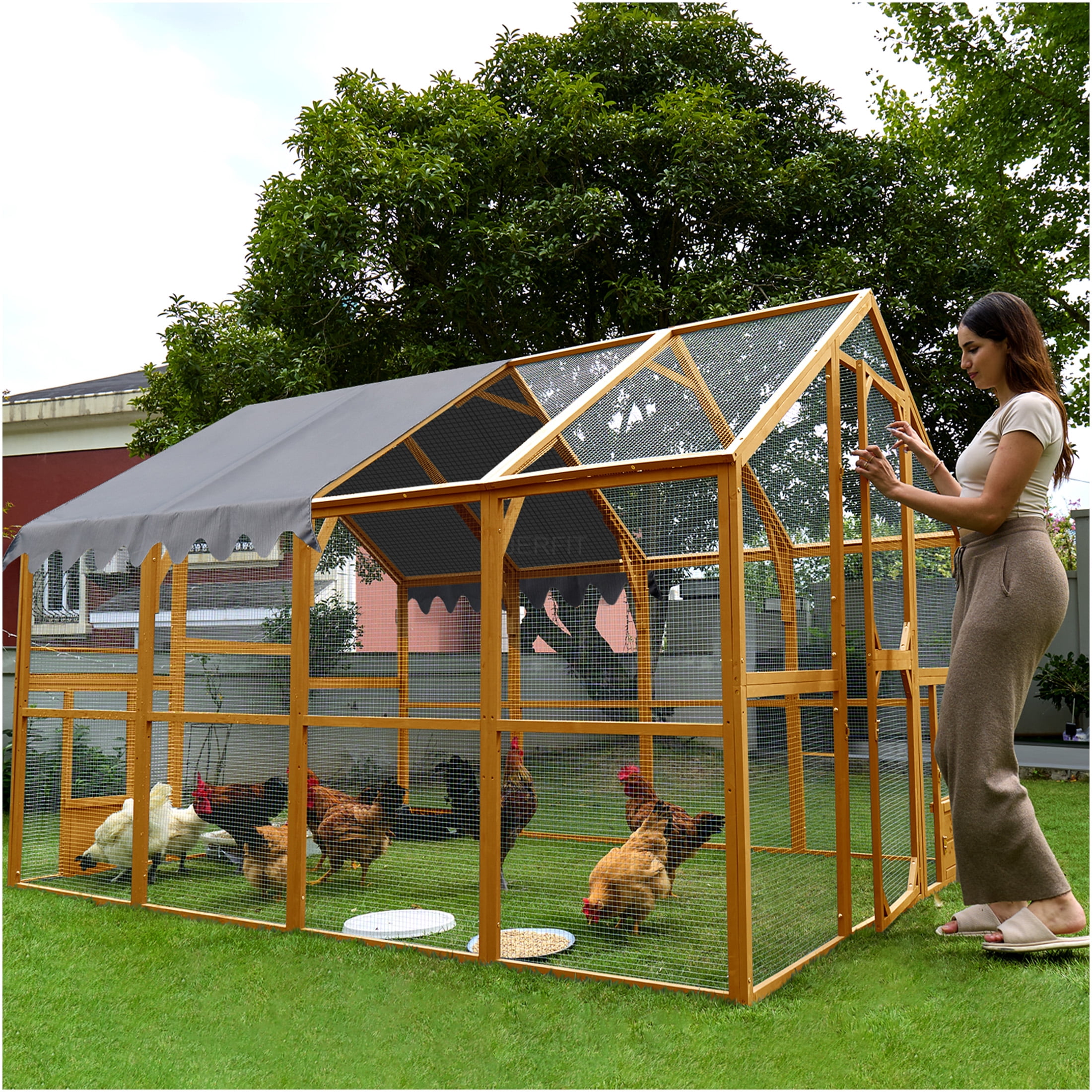 JERFIT 110" Large Outdoor Wooden Chicken Coop with Waterproof Roof, Yellow Cat Enclosure Playpen for Cats and Small Pets