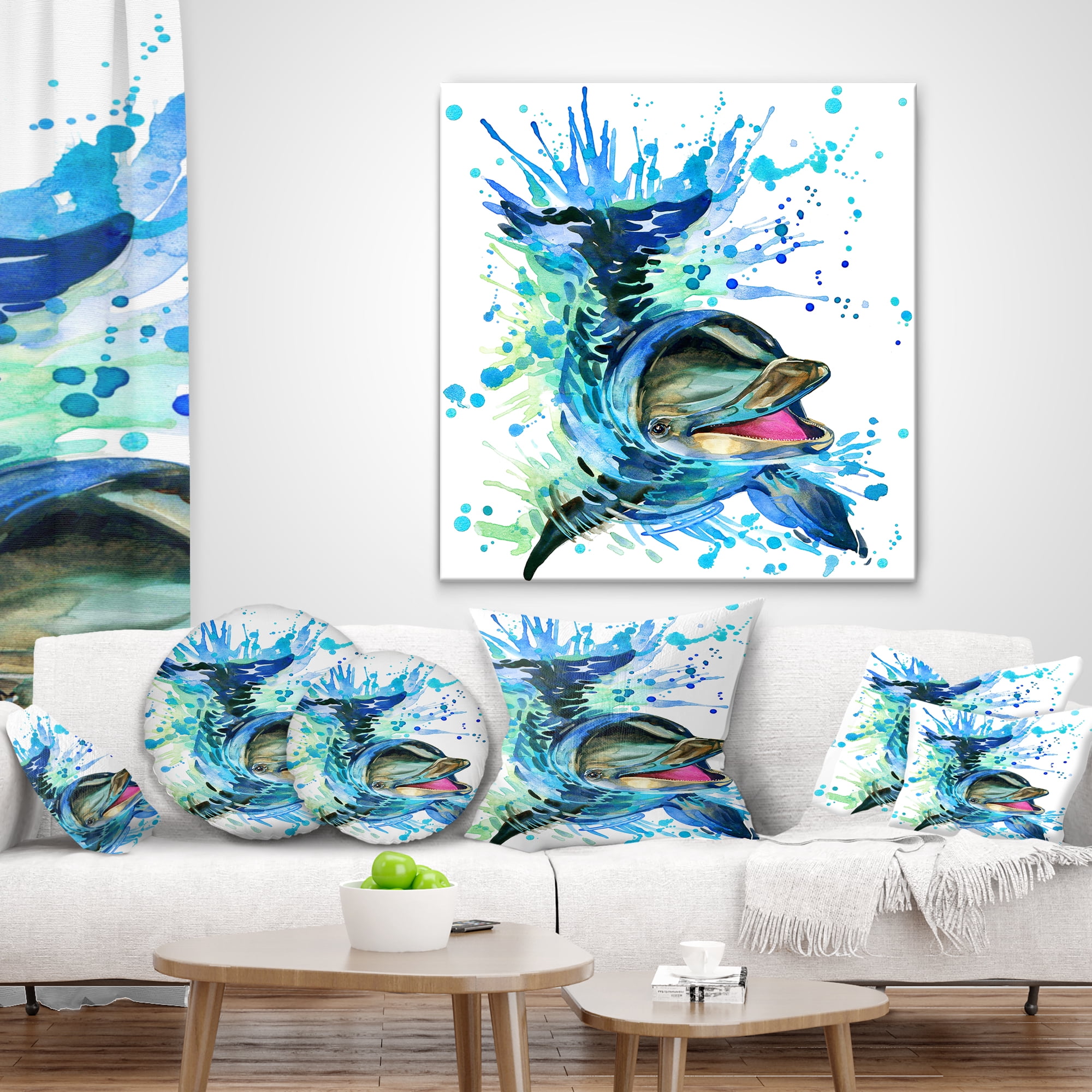 Designart Large Blue Dolphin Watercolor - Contemporary Animal Throw Pillow - 12x20