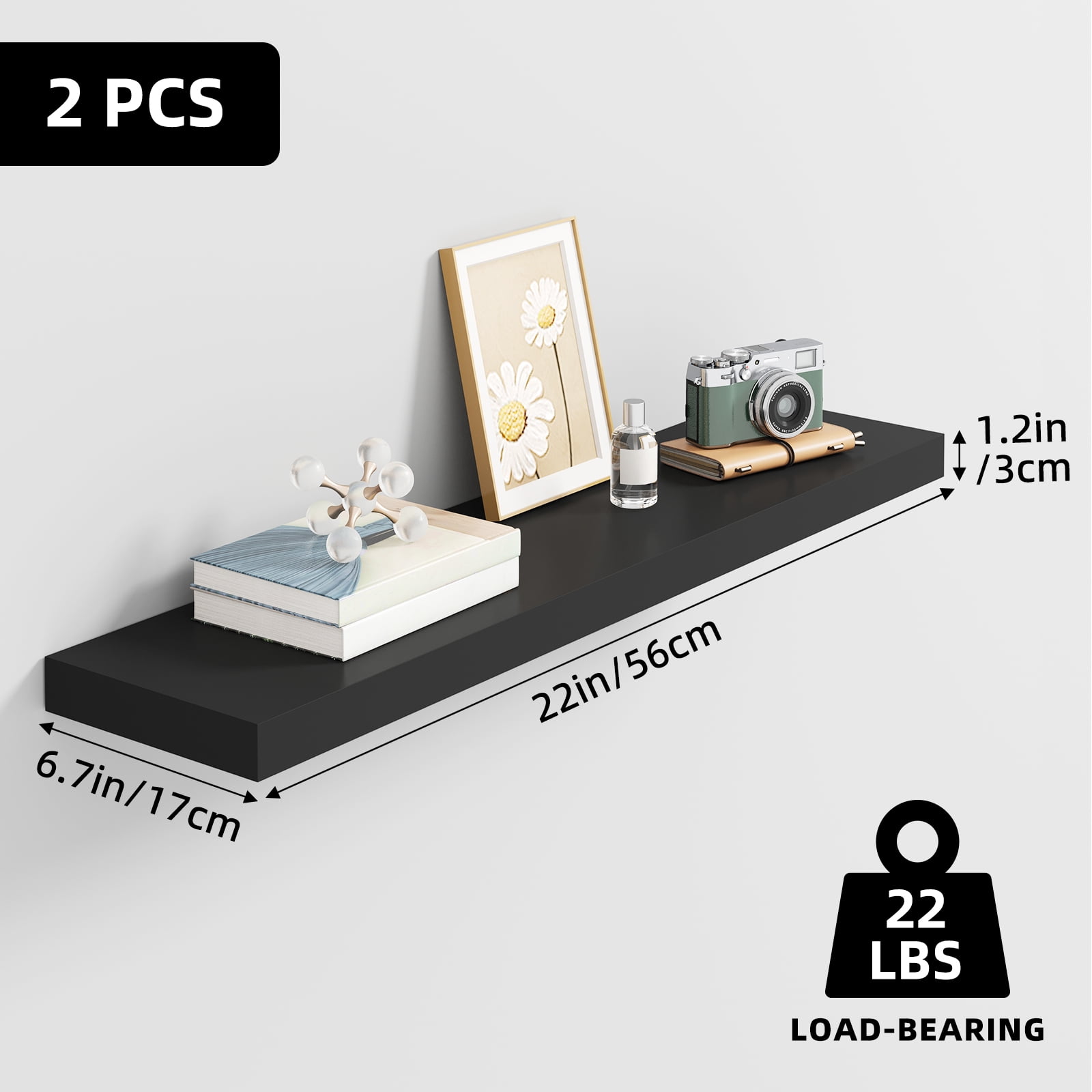 Fairy 2pcs Floating Shelves for Wall, 22.5in Bathroom Kitchen Shelves for Farmhouse Decor, Black