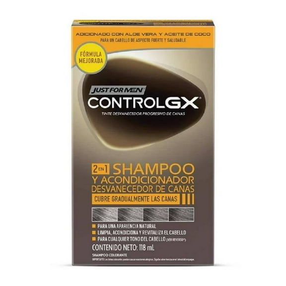 Shampoo desvanecedor gradual de canas Just for men Control GX 2 en 1 shampoo y acondicionador cualquier tono de cabello 118 ml