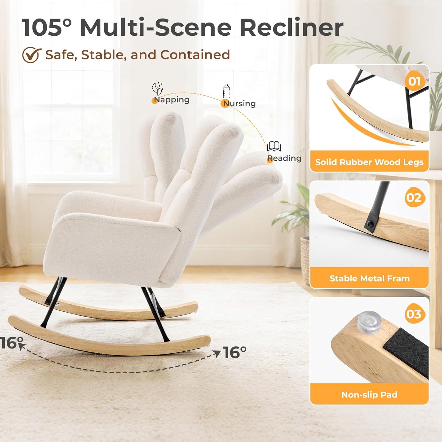 VANECL Nursery Rocking Chair Teddy Upholstered, Glider Rocker Rocking Accent Chair Padded Sea with High Backrest Armchair Comfy Side Chair for Living Room Bedroom, Beige