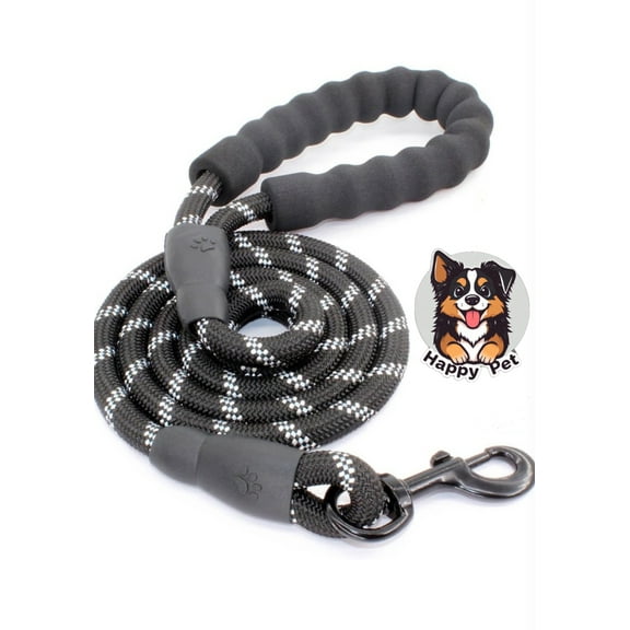 Happy Pet- 6 Ft Reflective Rope Dog Leash, Black