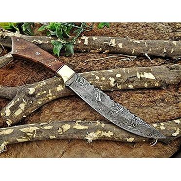 7.5\" Folding Knife Damascus Steel Finger Hole Blade Liner Lock Wood & Horn Scale