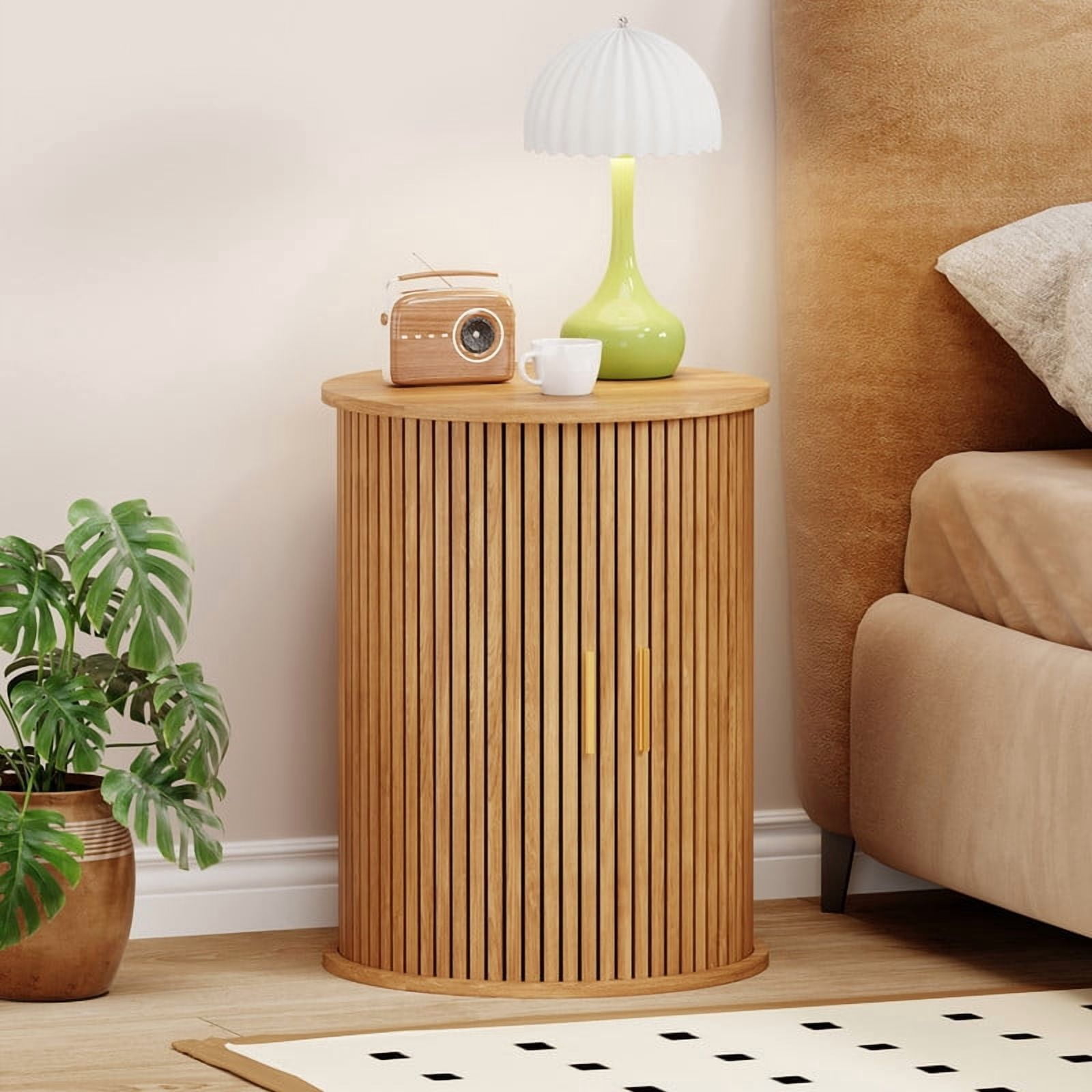 Fluted Round Side Table Set of 2, Mid Century Modern Night stand with Sliding Tambour Door and Storage Shelf, Wood Bedside Table, End Table for Small Space,Bedroom, Living Room