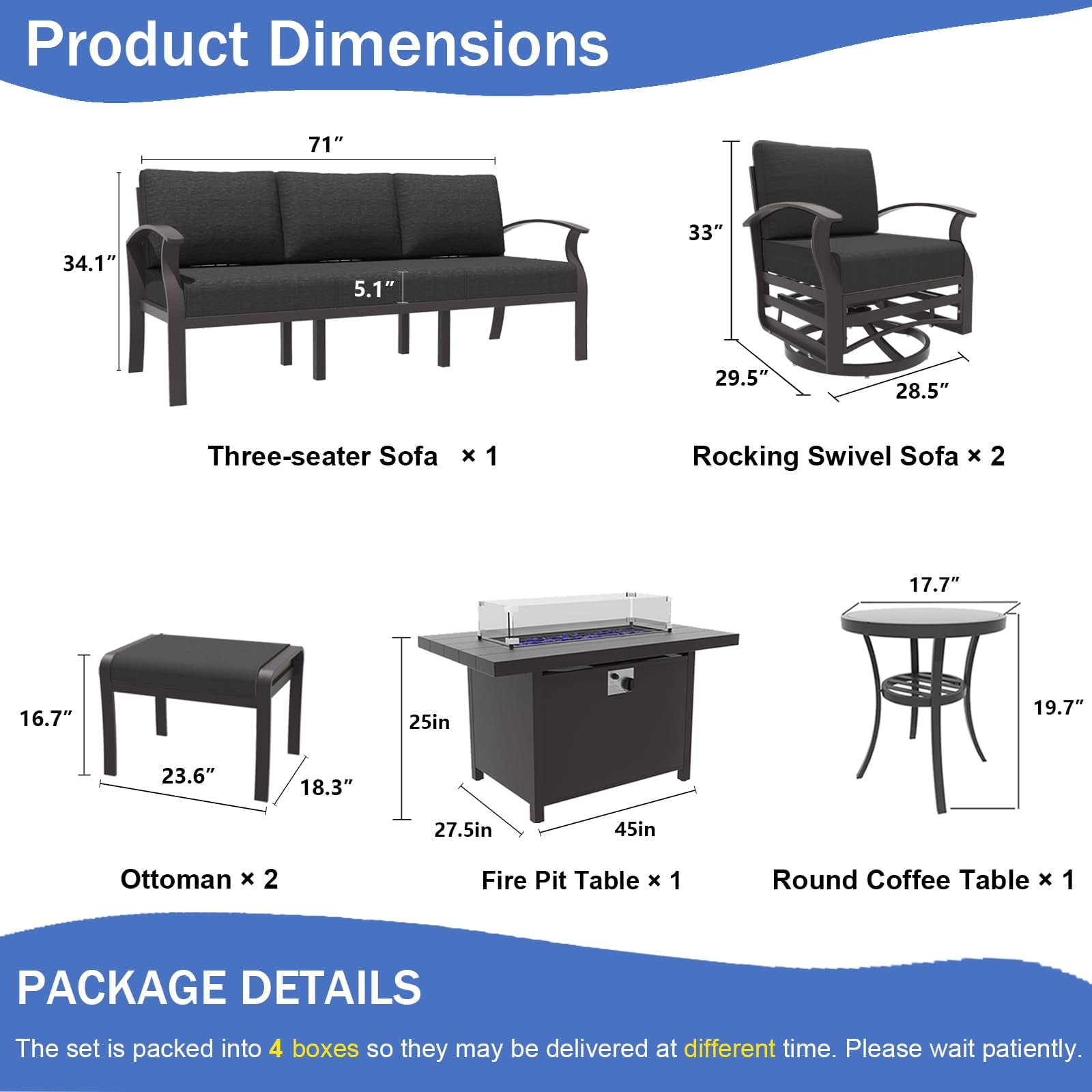 ALAULM Aluminum 5-seat Patio Sectional Sofas with Propane Fire Pit Table, Metal Outdoor Furniture for Porch, Backyard, Poolside-Black