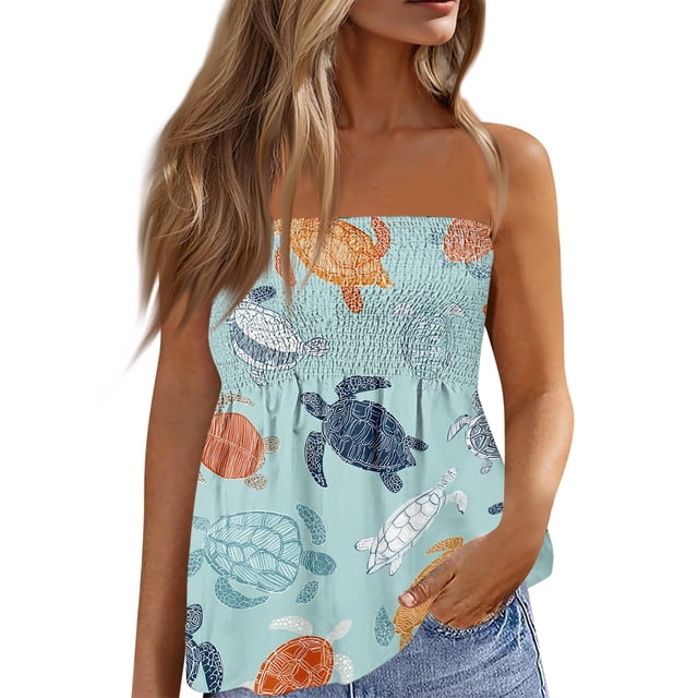 OIOLOYJM Womens Tube Top Summer Cute Strapless Palm Tree Peplum Top Backless Beach Ruffle Going Out Clothes Sky Blue 2XL