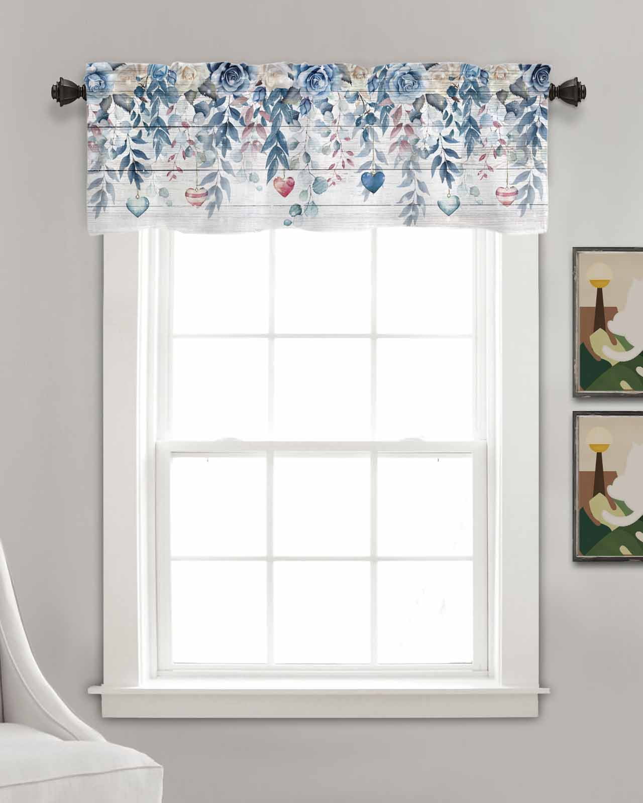 Valentine's Rose Blue Linen Curtain Valance for Bedroom/Bathroom/Kitchen/Office/Living/Dining Room Windows, Farmhouse Woodgrain Leaves Rod Pocket Topper Decorative Cafe Drapes Panel 42"x18"