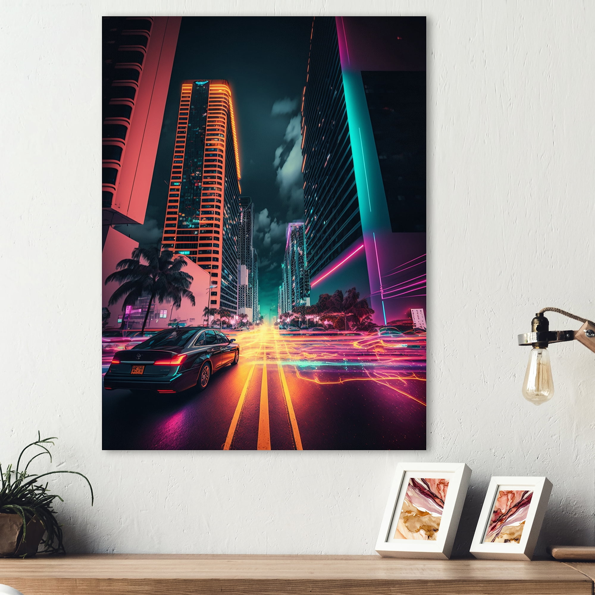 Designart Futuristic Miami Neon Art V Canvas Wall Art
