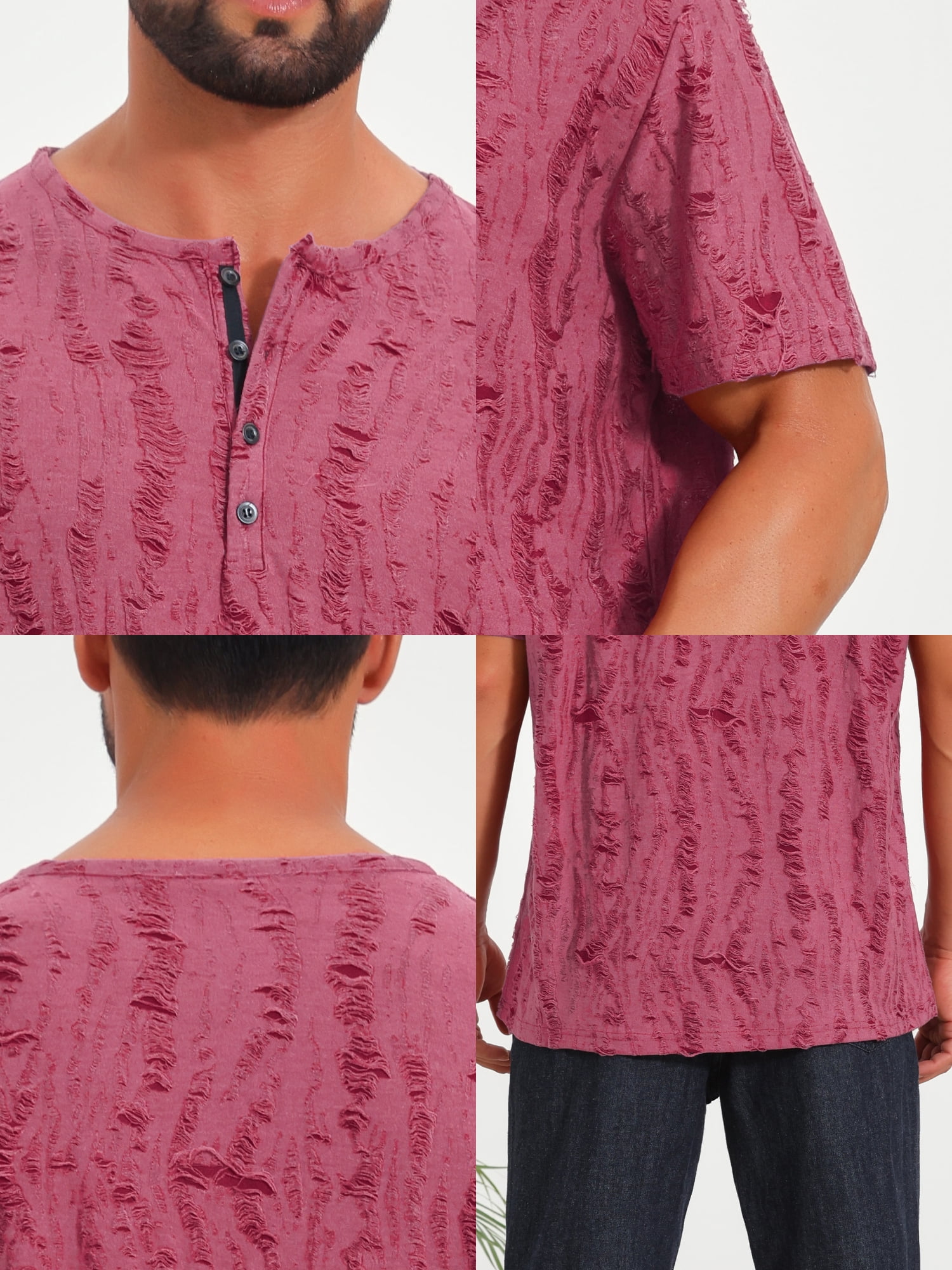 DARING DIVA Men's Ripped Henley Retro Short Sleeve Button Down T-Shirt L Red
