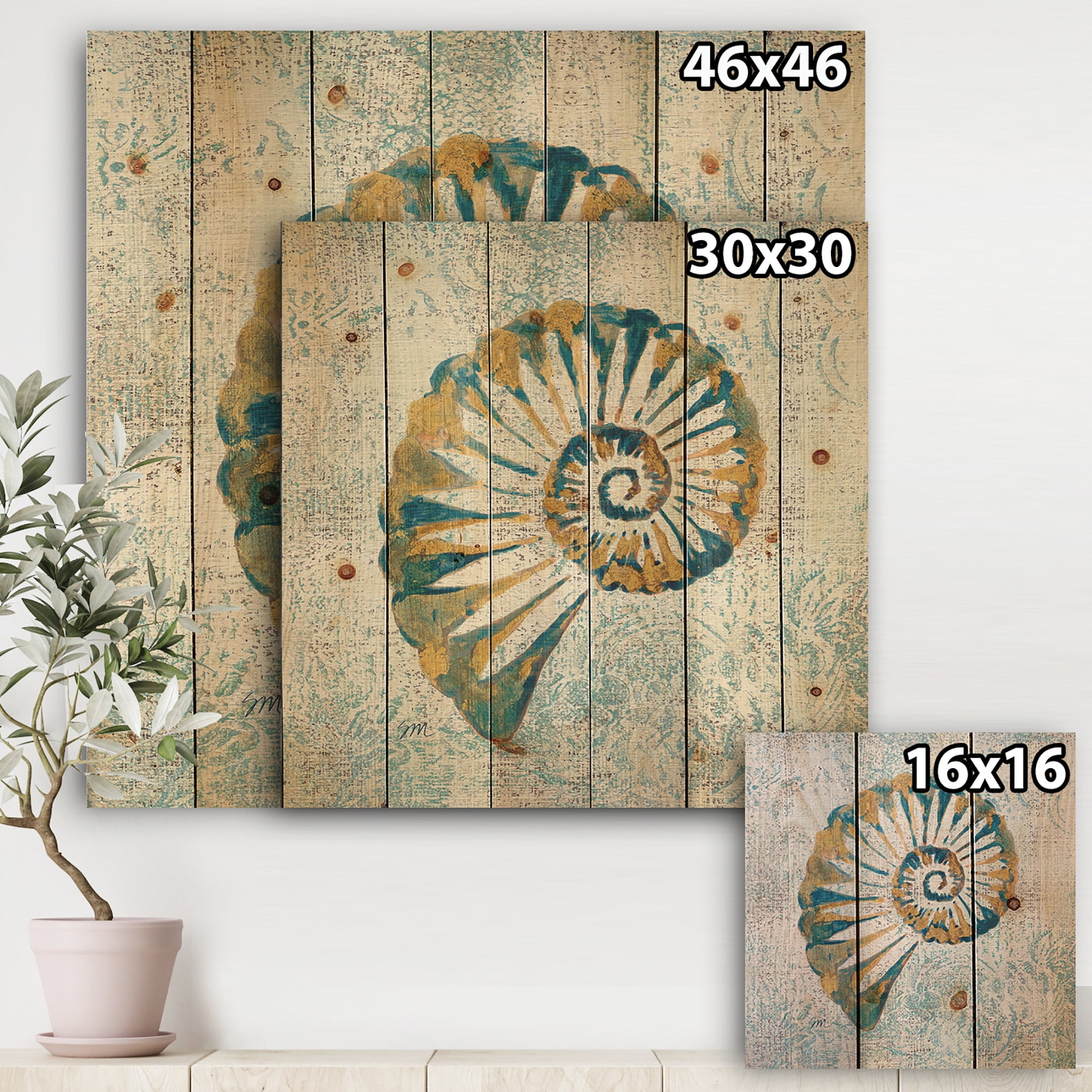 Designart 'Spiral Shell Hand Painted' Nautical & Coastal Print on Natural Pine Wood